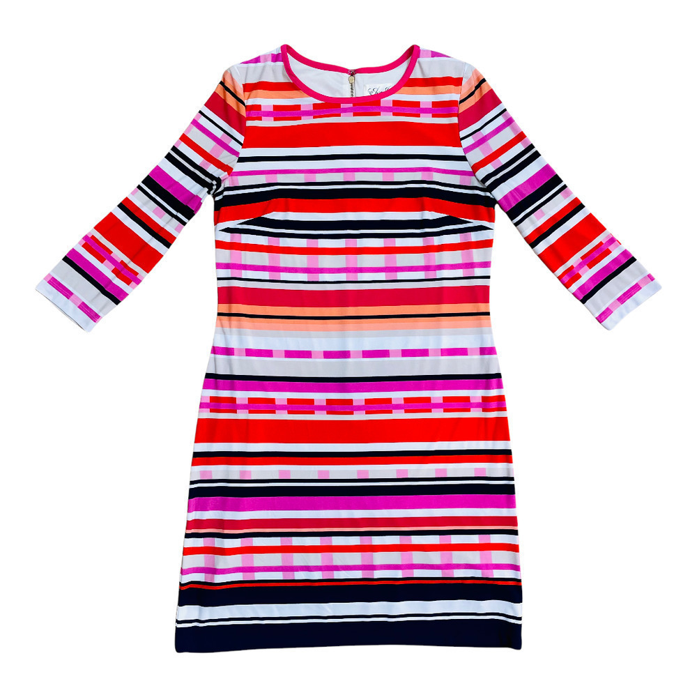 Eliza J Pink Orange White Striped 3/4 Sleeve Shift Dress Women’s Size 8